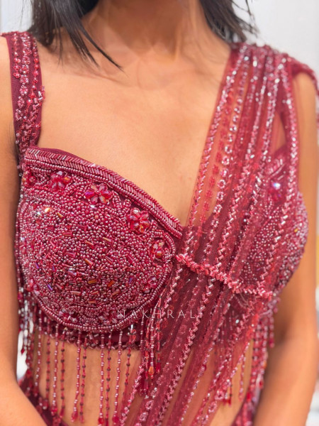Tarini Red Beaded Drape Saree