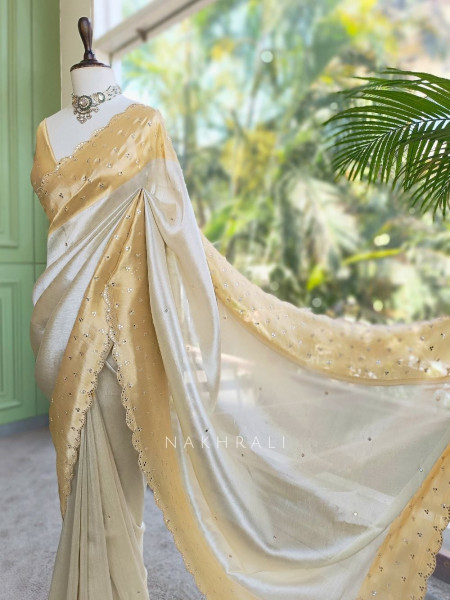 Kamali Cream Saree with Mirror Work