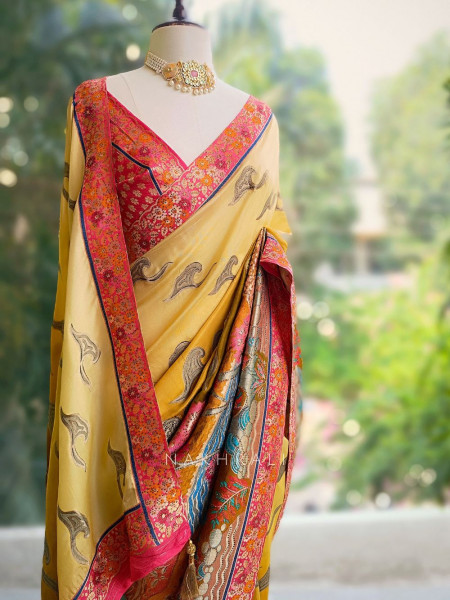 Gulzar Yellow Dola Silk Printed Saree with Brocade Border