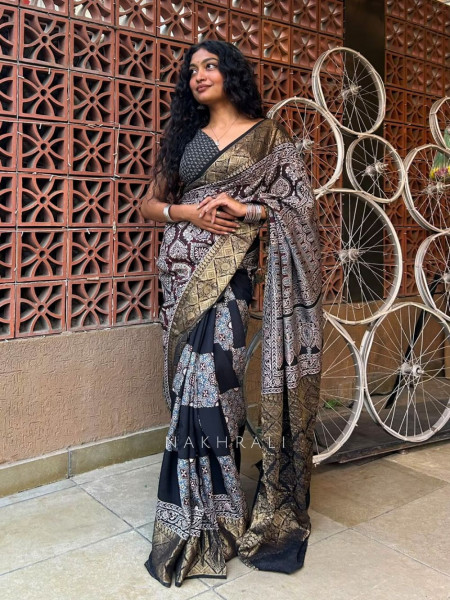 Earthbound Black Dola Silk Ajrakh Printed Saree