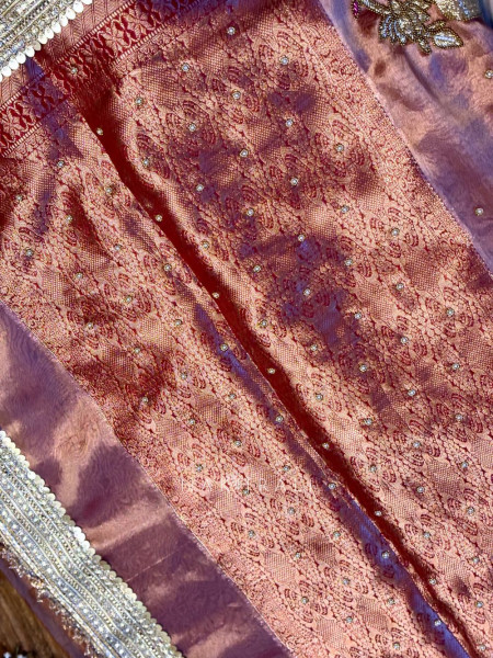 Vraj Ras Wine  Banarasi Tissue Silk Saree – Hand Embroidery & Zari Border