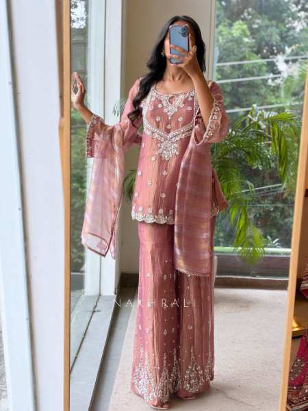 Inara Shimmer Pink Crushed Organza Gharara Suit Set