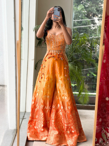 Tangerine Orange Banarasi Brocade Sharara Set with Cowrie Shell Blouse