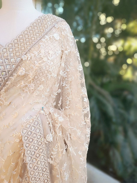 Ivory Sand Embroidered Net Saree with Readymade Blouse