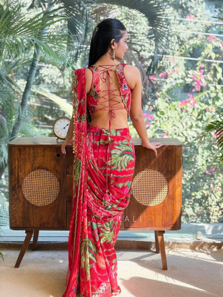 Vallari Maroon Floral Drape Saree Set