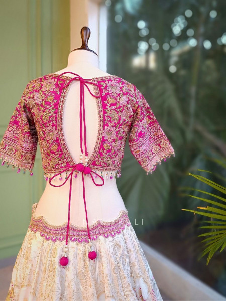 Marvena Magenta White Brocade Lehenga Set with Embroidery Work