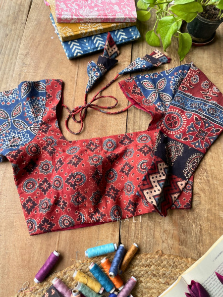 Sutr-rang Maroon Blouse Mixed Print Detail