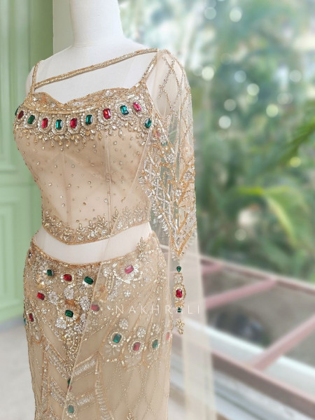 Sunehera Golden Net Mermaid Lehenga Set with Zardozi and Navratan Stone Work