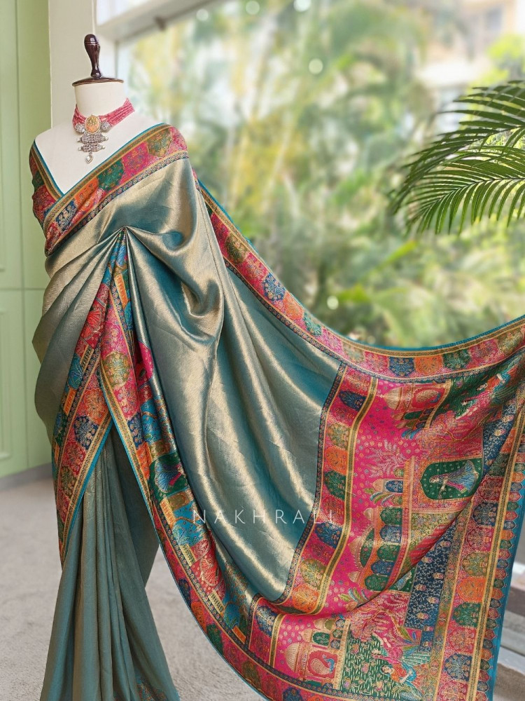 Image of Aarunika Rama Green Banarasi Silk Saree with Heritage Weave Work