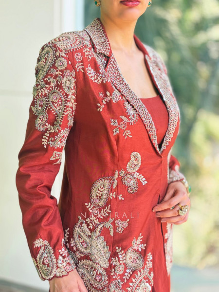 Velira Rust Embroidered Crop Top Skirt Set with Jacket