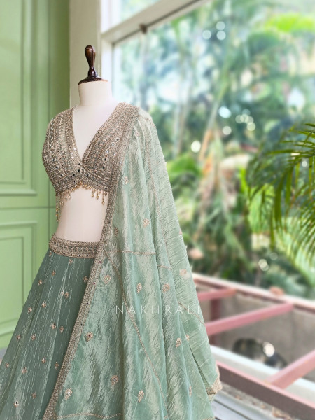 Moonfern Pista Green Crushed Tissue Silk Lehenga Set
