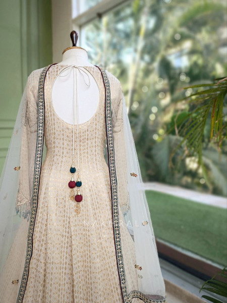 Ratna Cream Banarasi Silk Anarkali Suit Set with Green Border & Zardozi Mirror Work