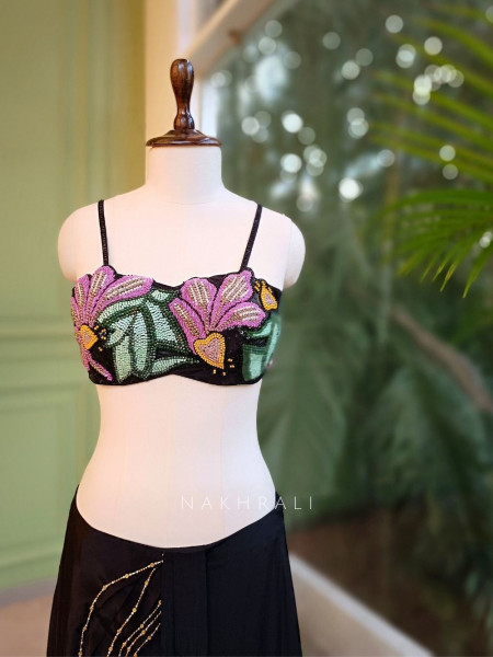 Midnight Bloom Black Crepe Drape Saree with Cut Dana Work