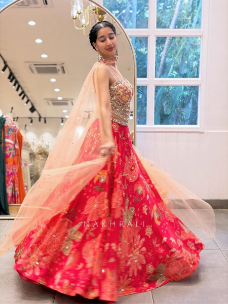 Gulab Magenta Floral Print Lehenga with Mirror Pearl Work