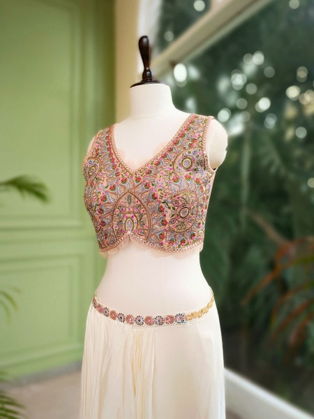 Ivory Crop Top and Skirt Set with Embroidered Cape