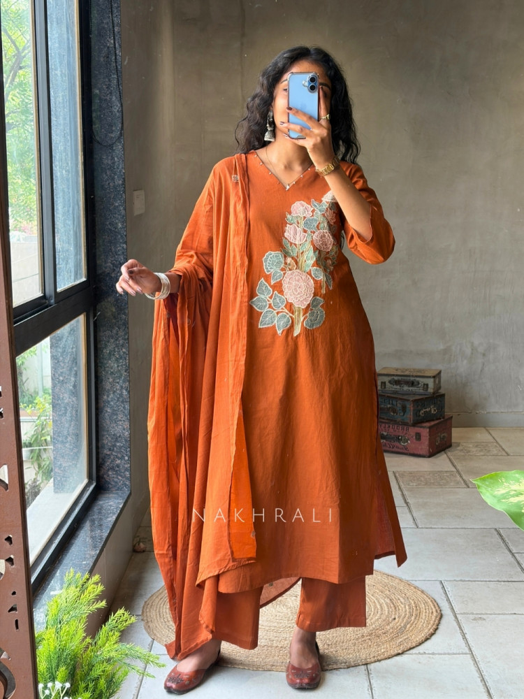Image of Tavira Orange Embroidered Floral Kurta Pant Set with Dupatta