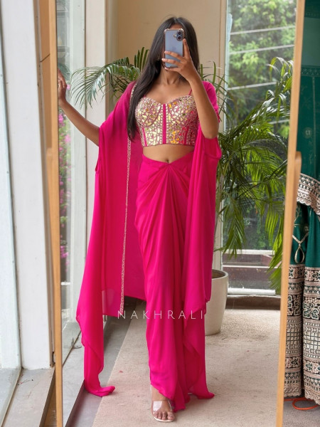 Glimmering  Magenta Georgette Crop Top Dhoti Skirt Set with Cape