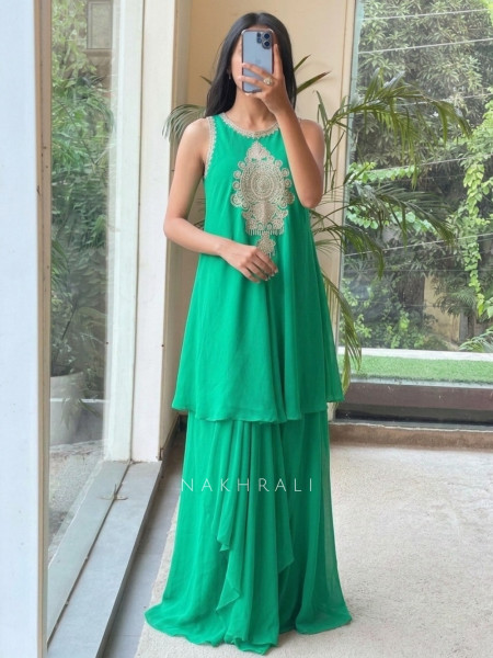 Royal Shield Green Viscose Georgette Indo-Western Drape Skirt Set