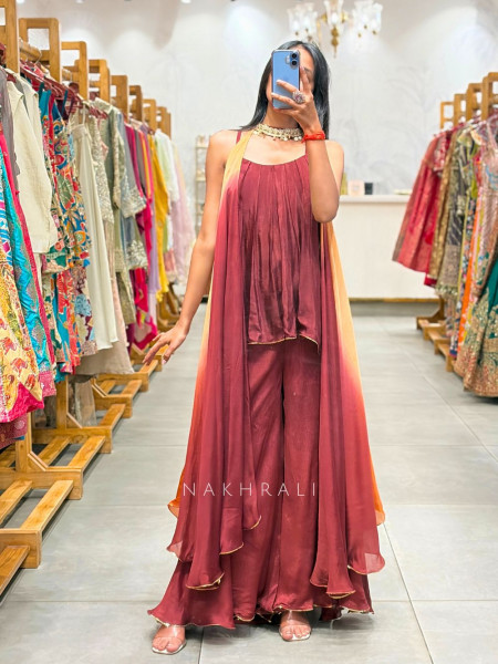 Torvix Maroon Indo Western Palazzo Set with Ombre Dupatta
