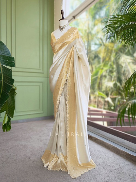 Kamali Cream Saree with Mirror Work