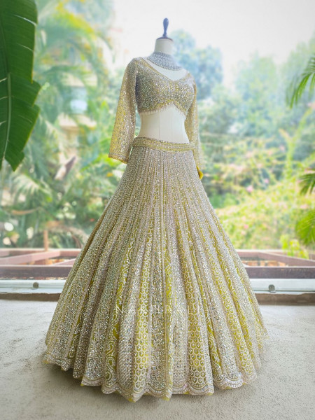 Rivarka Yellow  Mirror and Bead Embroidered Bridal Lehenga