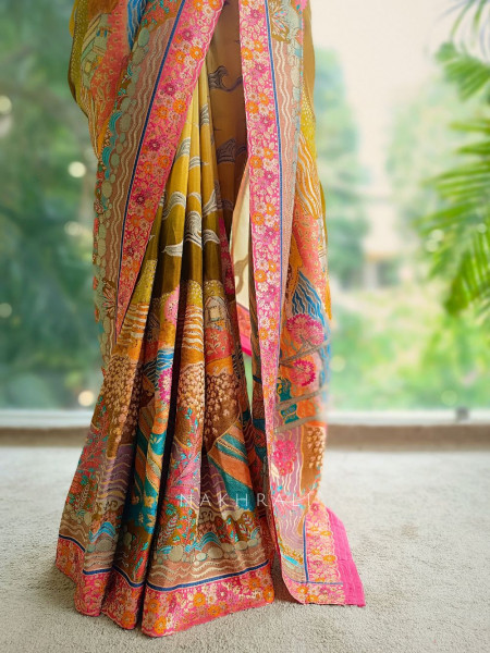 Gulzar Yellow Dola Silk Printed Saree with Brocade Border