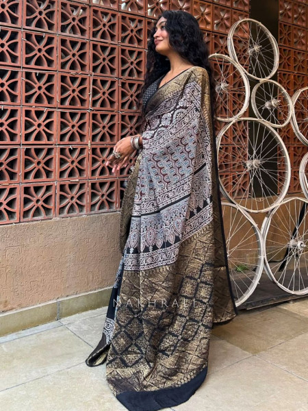 Earthbound Black Dola Silk Ajrakh Printed Saree