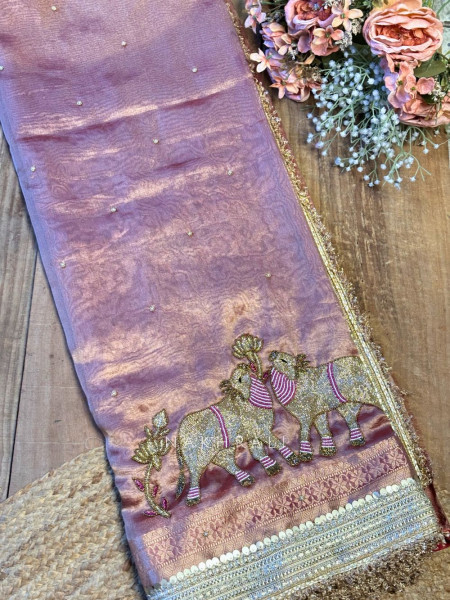 Vraj Ras Wine  Banarasi Tissue Silk Saree – Hand Embroidery & Zari Border