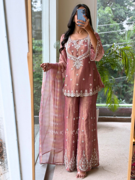 Inara Shimmer Pink Crushed Organza Gharara Suit Set