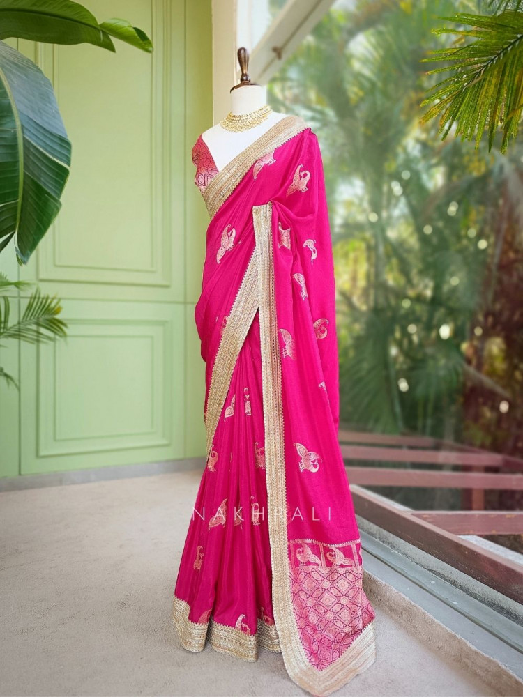 Image of Tavira Magenta Saree with Broad Border and Unstitched Blouse Piece