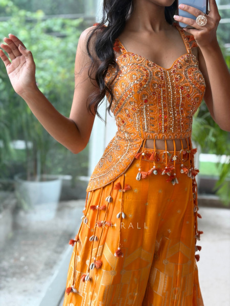 Tangerine Orange Banarasi Brocade Sharara Set with Cowrie Shell Blouse