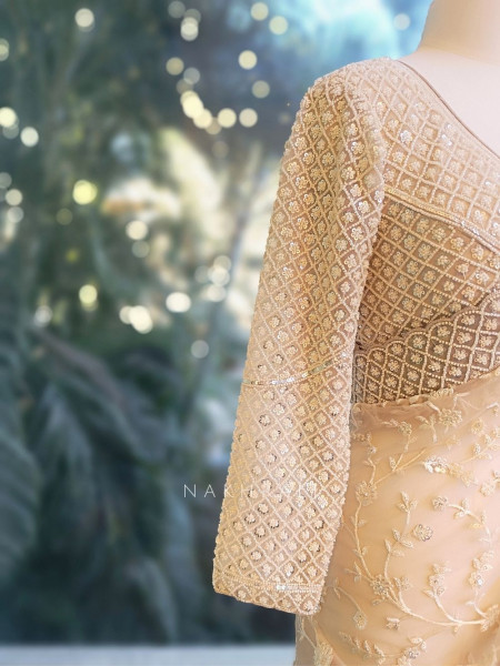 Ivory Sand Embroidered Net Saree with Readymade Blouse