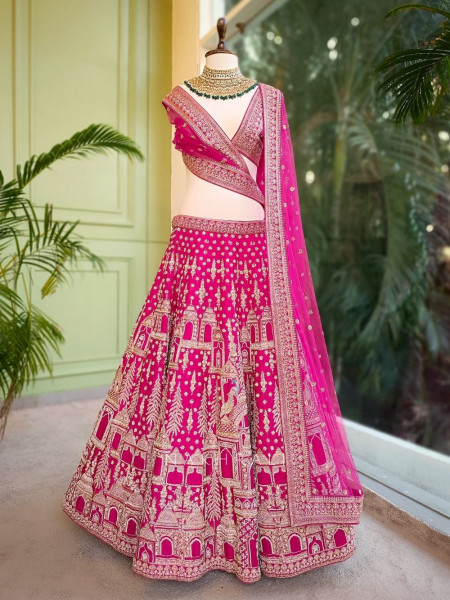 Aarunya Magenta Silk Bridal Lehenga with Zardozi & Sequin Detailing