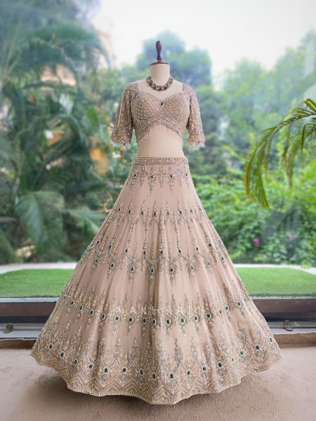 Frost Grey Satin Lehenga With Zardozi, Cutdana & Emerald Kundan Work