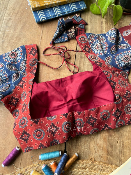 Sutr-rang Maroon Blouse Mixed Print Detail