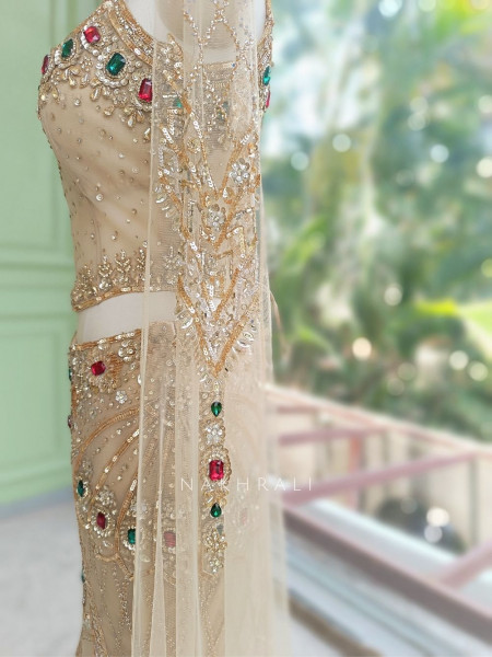 Sunehera Golden Net Mermaid Lehenga Set with Zardozi and Navratan Stone Work