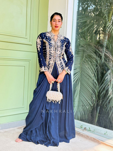 Navy Blue Chiffon Jacket Skirt Set