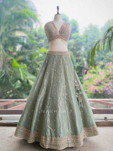 Moonfern Pista Green Crushed Tissue Silk Lehenga Set