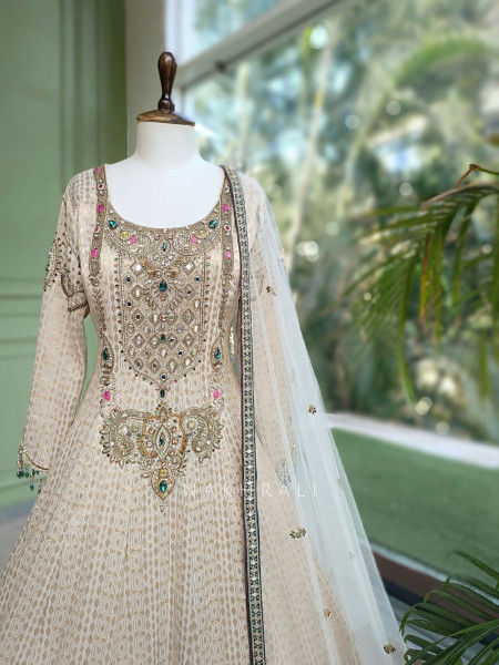 Ratna Cream Banarasi Silk Anarkali Suit Set with Green Border & Zardozi Mirror Work