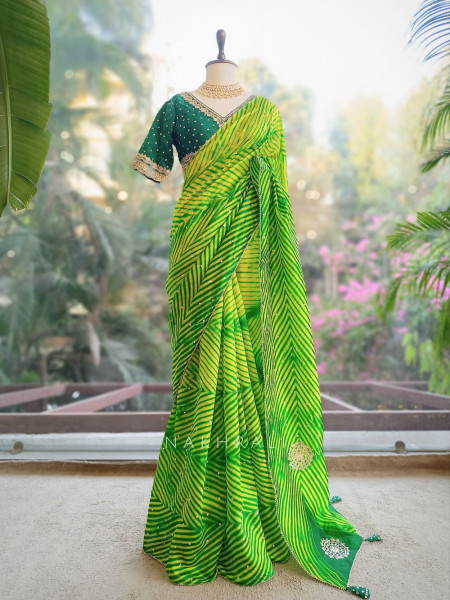 Rangili Green Leheriya Saree with Gota Work Blouse