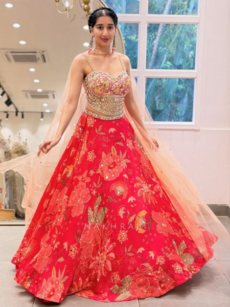 Gulab Magenta Floral Print Lehenga with Mirror Pearl Work