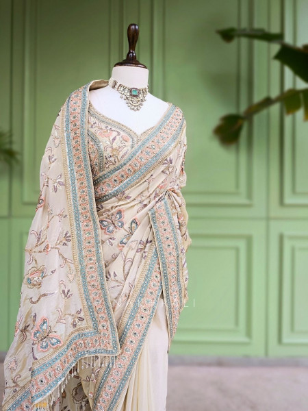 Sia Cream Saree with Butterfly Embroidered Blouse Work