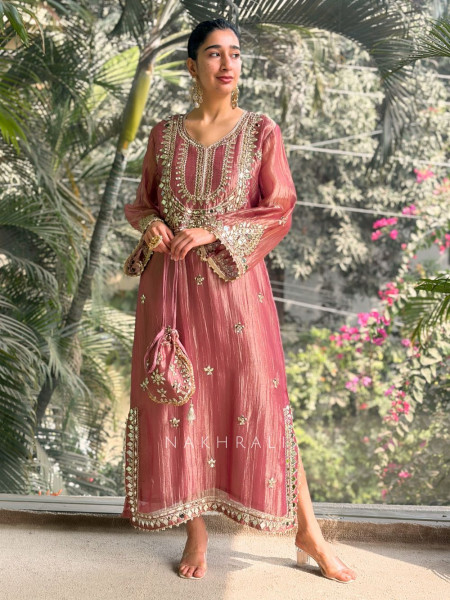 Poise Purple Tissue Long Dress with Mirror and Zari Work