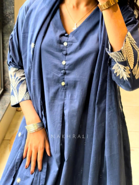 Zoryn Blue Anarkali Kurta Pant Set with Sleeve Embroidery