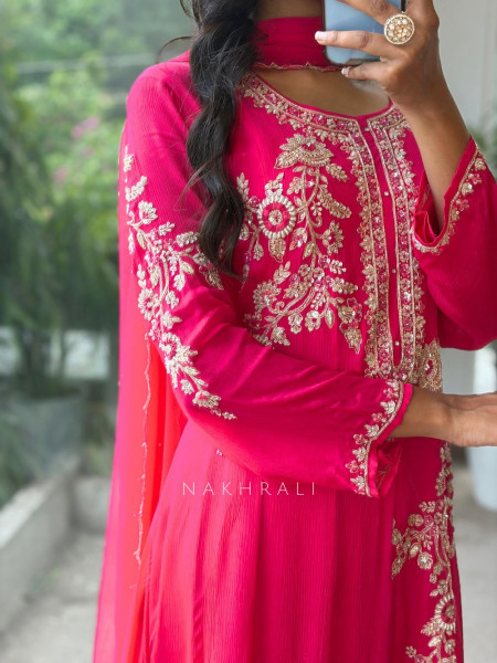 Sorrel Magenta Organza Georgette Layered Sharara Suit Set