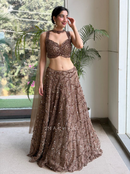 Cinder Brown Tulle Net Lehenga Set