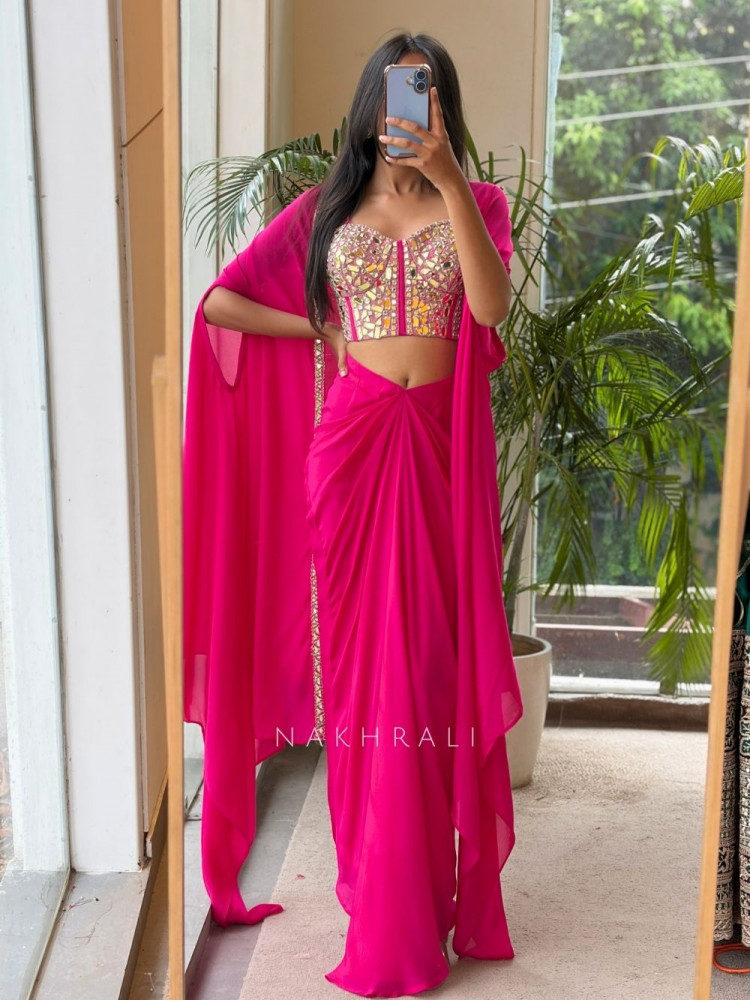 Image of Glimmering  Magenta Georgette Crop Top Dhoti Skirt Set with Cape