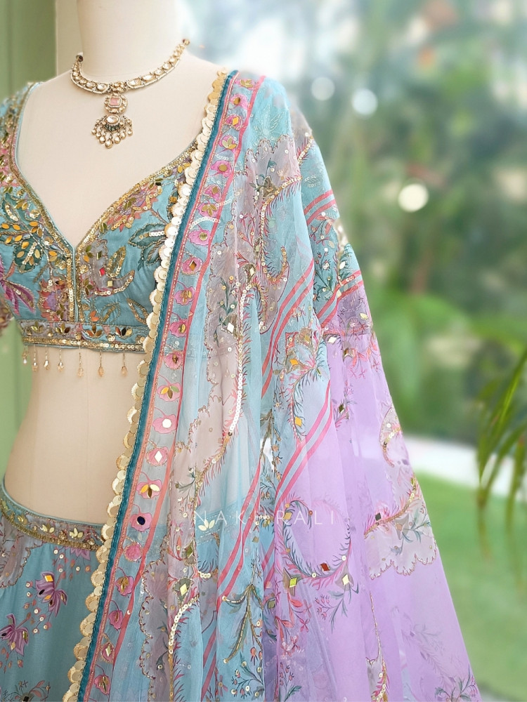 Image of Ethereal Firozi Organza Silk Lehenga Set