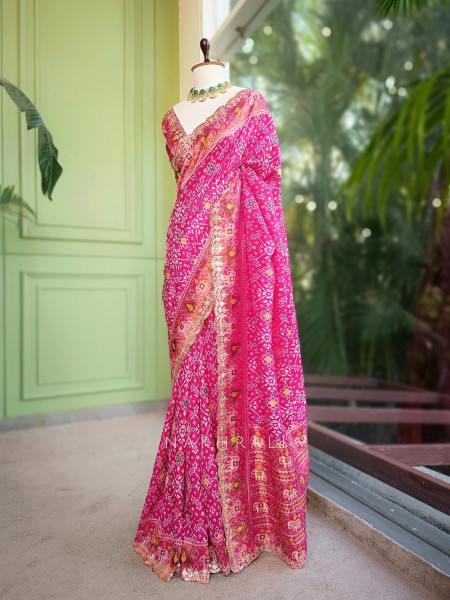 Zoraya Pink Patola Saree with Elephant Motif Border