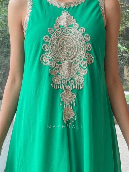 Royal Shield Green Viscose Georgette Indo-Western Drape Skirt Set